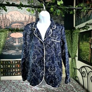 Jacelynn Smith Blue White Paisley Satin Long Sleeve Pajama Top Small